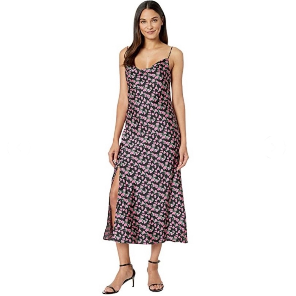 WAYF size L slip midi dress cowl neck side slit satin black rose print gothfairy